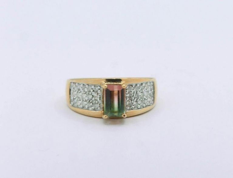 14K Yellow Gold Watermelon Tourmaline & Diamond Ring