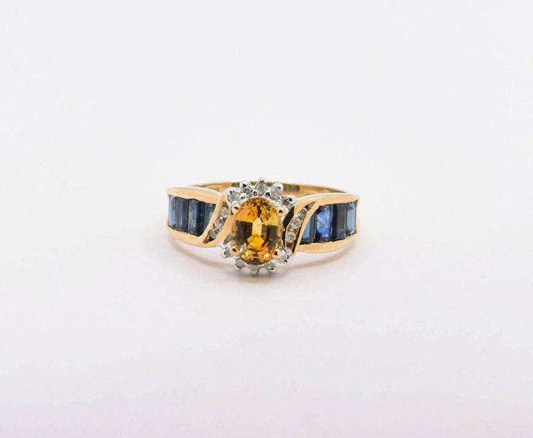 14K Yellow Ceylon Sapphire, Diamond & Blue Sapphire Ring