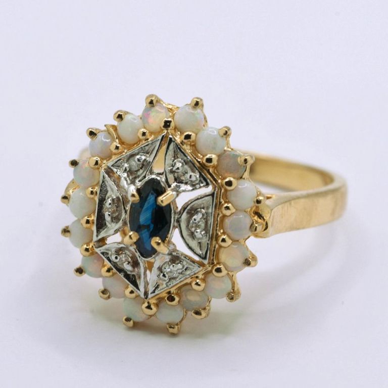 14K Yellow Gold Sapphire, Diamond & Opal Ring