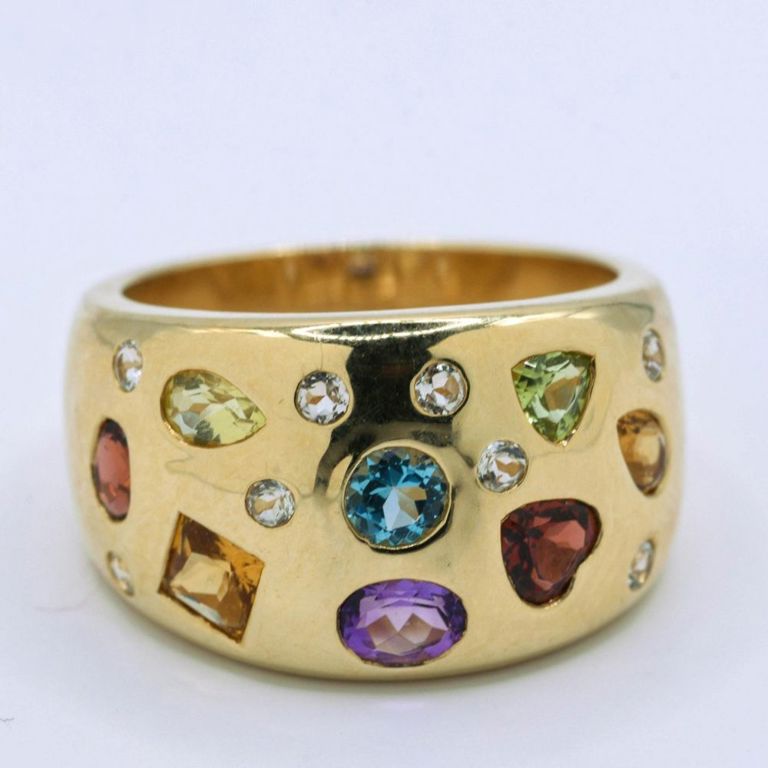 14K Yellow Gold White Zircon, Citrine, Peridot, Garnet, Amethyst & Blue Topaz Ring