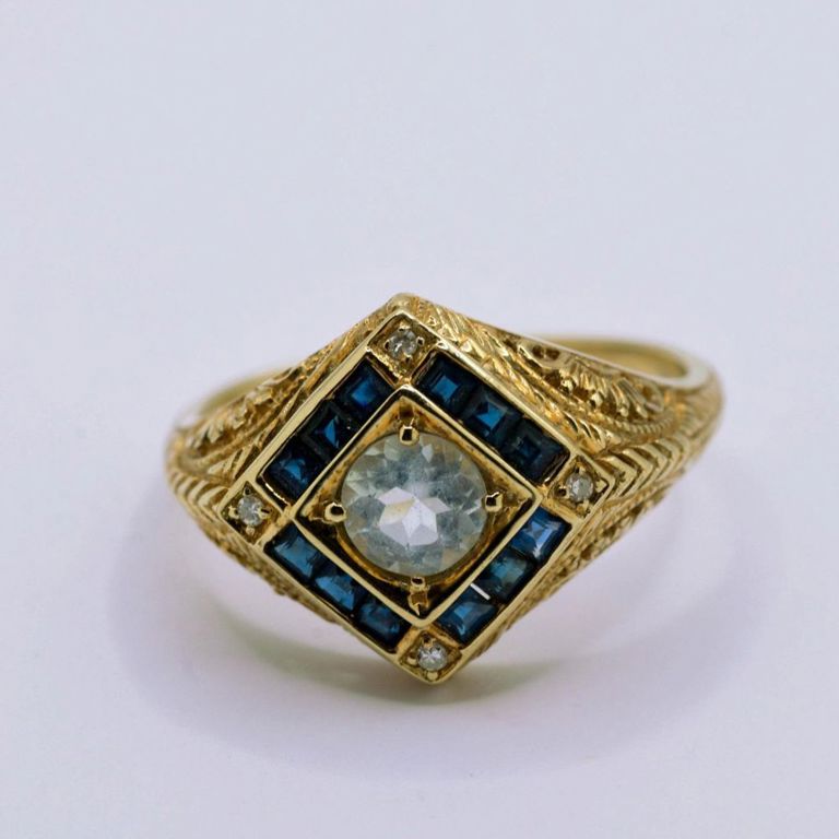 14K Yellow Gold White Topaz, Sapphire & Diamond Ring