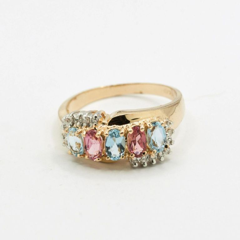 14K Blue & Pink Topaz & Diamond Ring