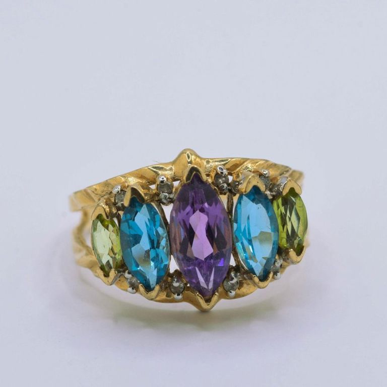 10K Yellow Gold Amethyst, Blue Topaz & Peridot Ring