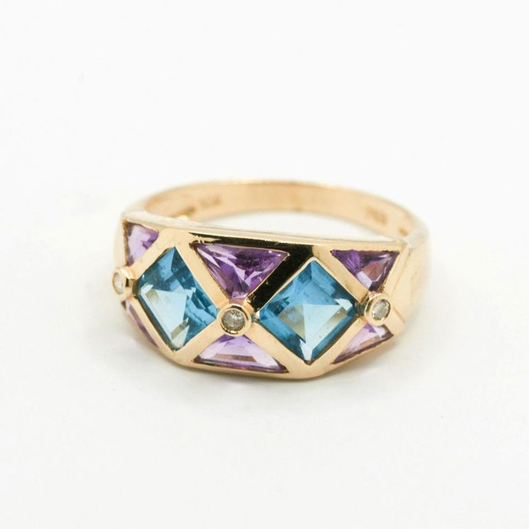 14K Amethyst, Blue Topaz & Diamond Ring
