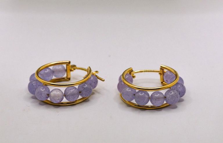 14K Purple Jade Bead Hoop Earrings
