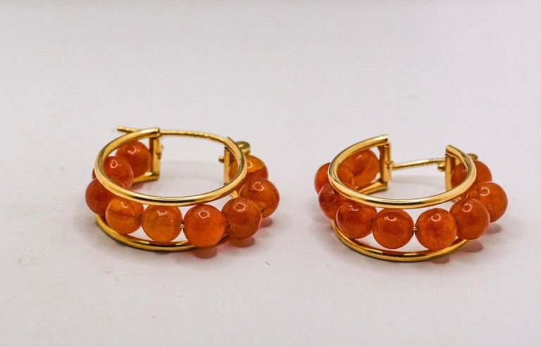 14K Brown Jade Bead Hoop Earrings