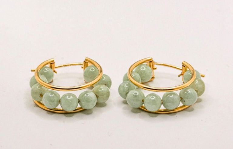 14K Green Jade Bead Hoop Earrings