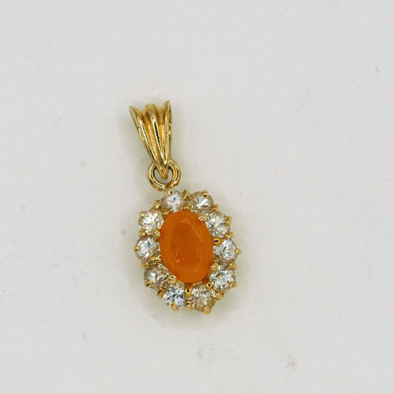 10K Fire Opal & White Sapphire Stone Pendant