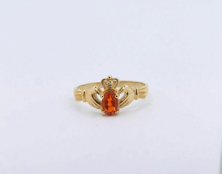 14K Yellow Gold Fire Opal Claddagh Ring