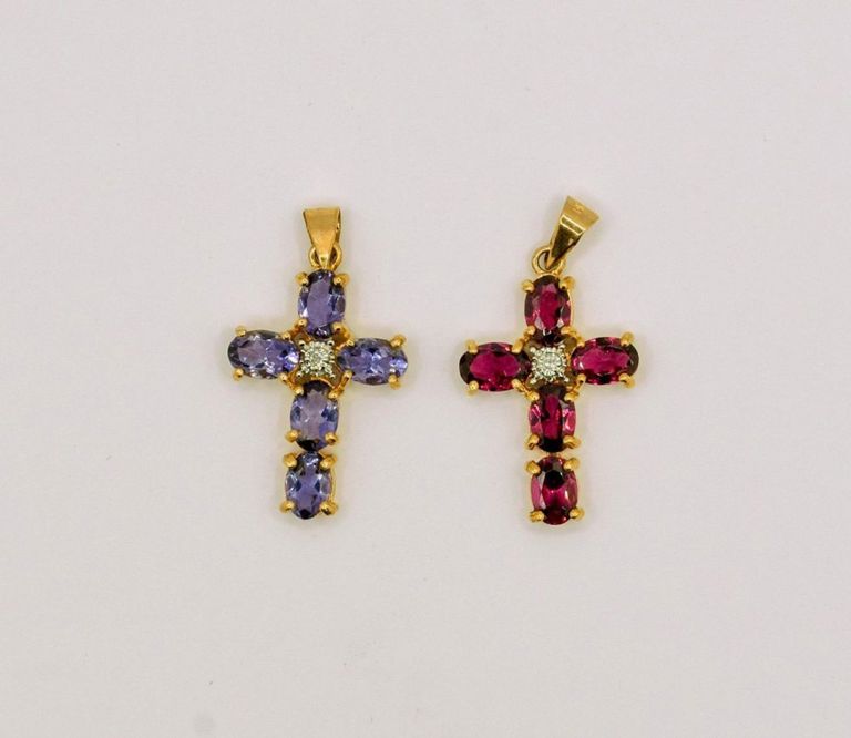 Lot of 2 14K Gemstone Cross Pendants