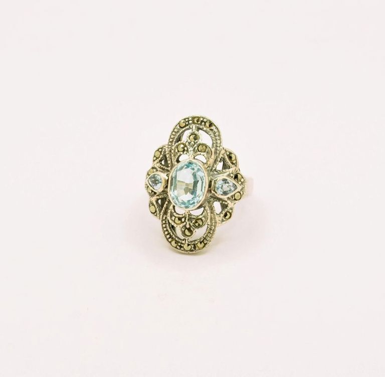 Sterling Silver Aquamarine & Marcasite Ring
