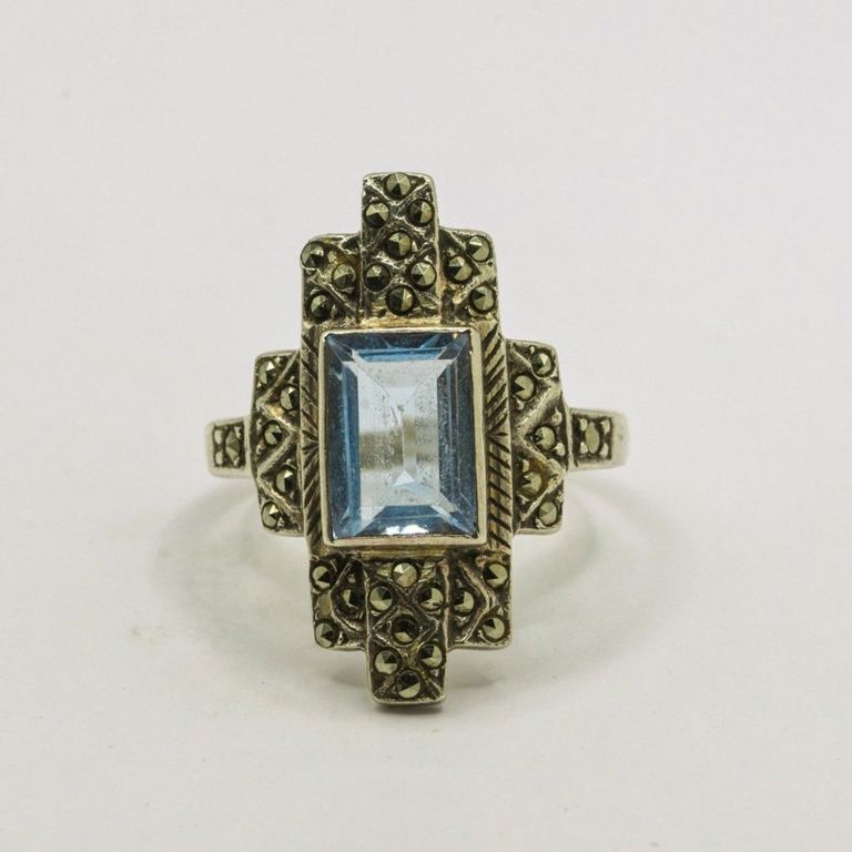 Sterling Silver Light Blue Stone Marcasite Ring