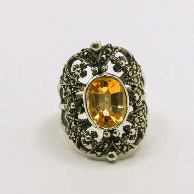 Sterilng Silver Yellow Stone & Marcasite Ring