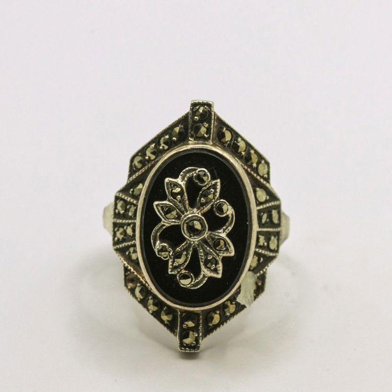 Sterling Silver Black Onyx & Marcasite Ring