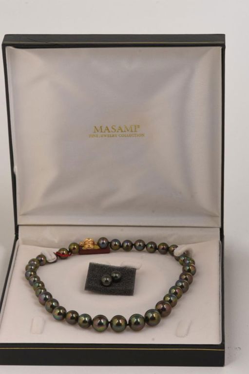 Masami Black Pearl and 14k Gold Necklace and Earrings.