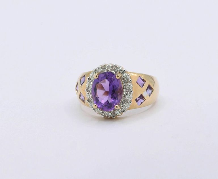 14K Yellow Gold Amethyst & Diamond Ring