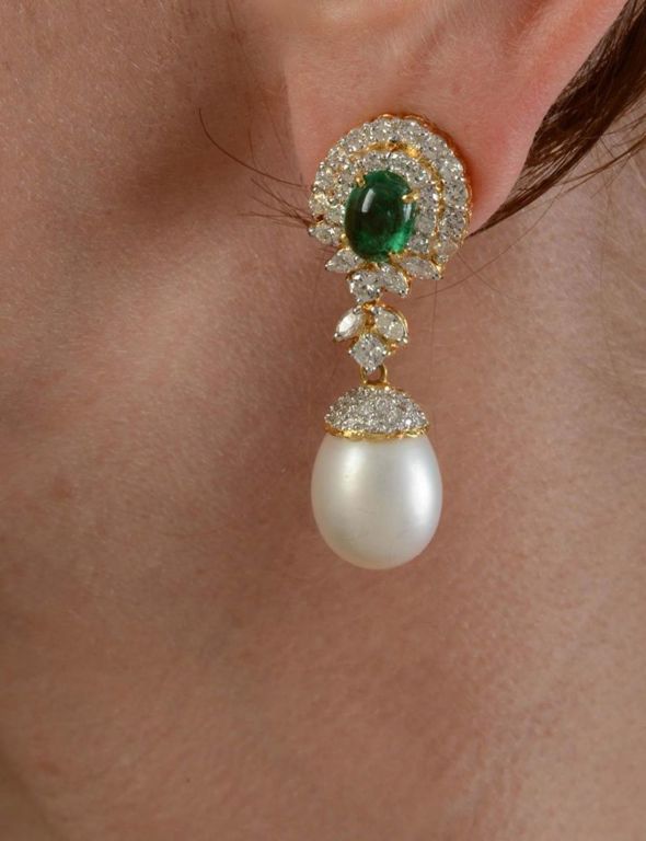 14KYG Emerald Diamond and removable Pearl Drop Earrings