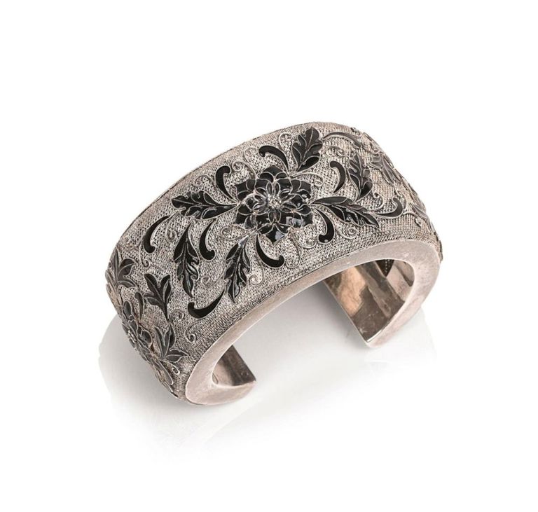 Chinese Filigree Silver Cuff with Enamel Lotus Blossoms