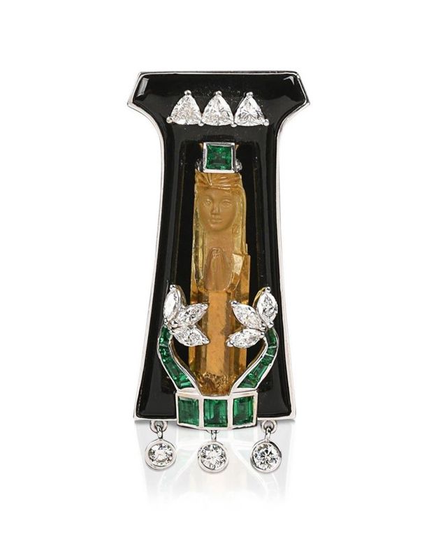 Art Deco Onyx, Citrine, Emerald & Diamond Brooch