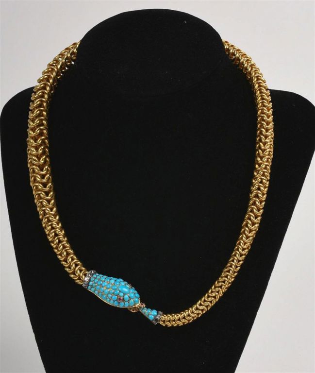 18K Ouroboros Snake Turquoise, Ruby & Diamond Necklace
