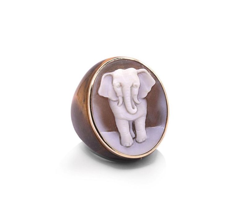 18K & Tiger Eye Amedeo Elephant Cameo Ring