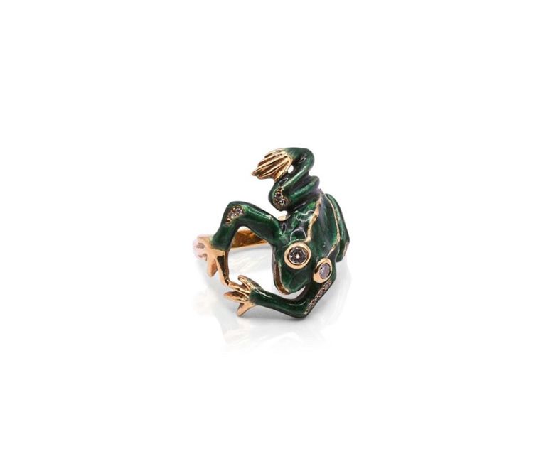 18K Green Enamel Frog with Diamond Eyes Ring