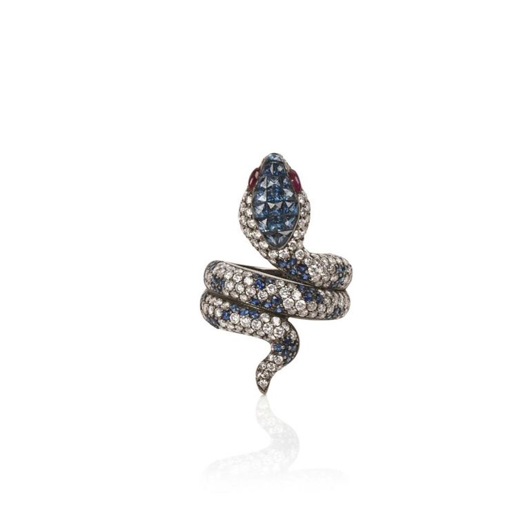 18K Gold, Diamond, Sapphire and Ruby Snake Ring.