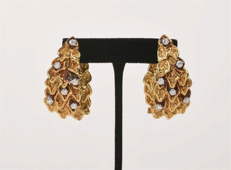 Pair 18K Yellow Gold and Diamond Earrings.