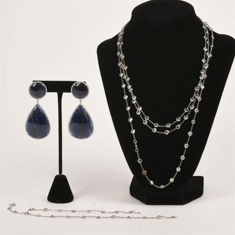 Pair of Diamond and Blue Stone Dangle Earrings