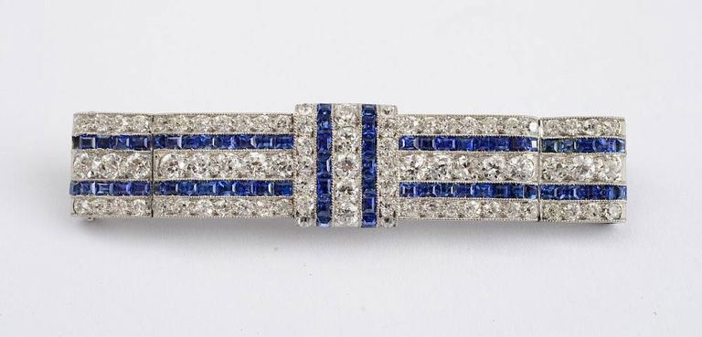 Art Deco Platinum, Diamond and Sapphire Brooch