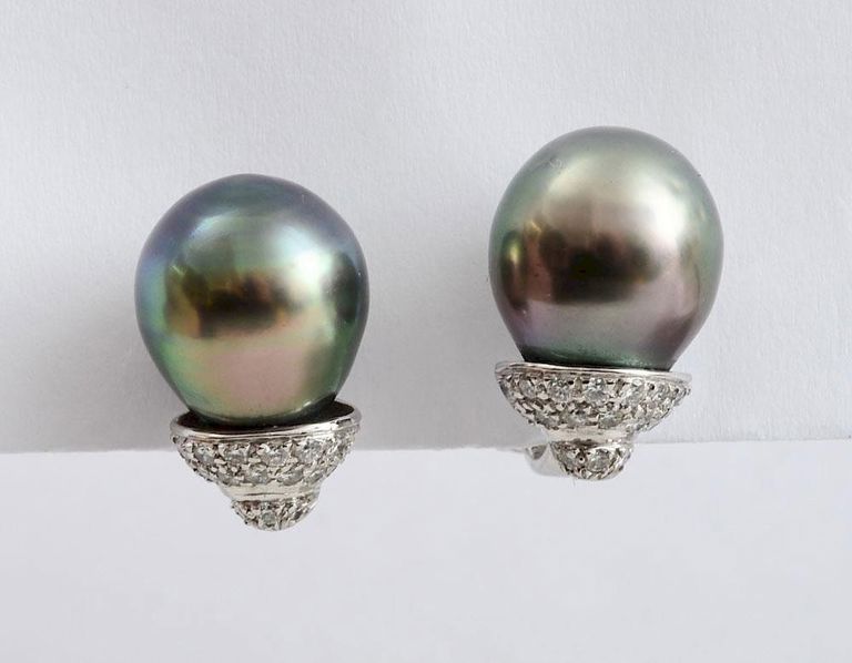 Pair of 18k White Gold, Tahitian Black Pearl and Diamond Earclips