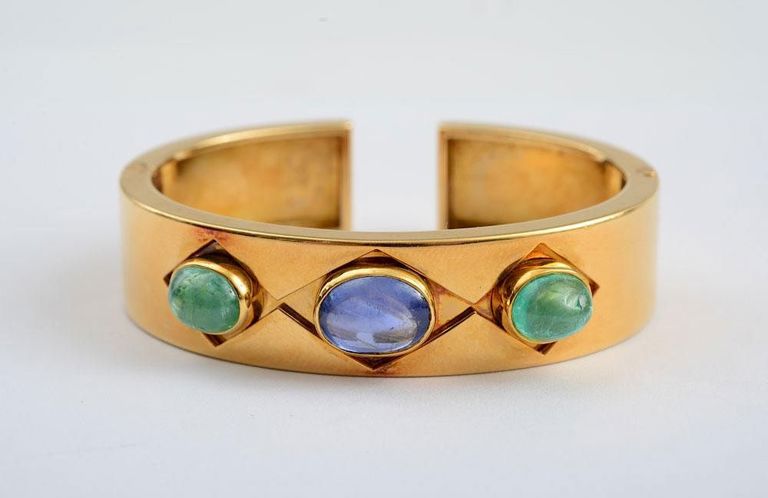 18k Gold, Sapphire and Emerald Bangle, Bulgari