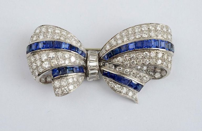 Platinum, Diamond and Sapphire Bow Brooch