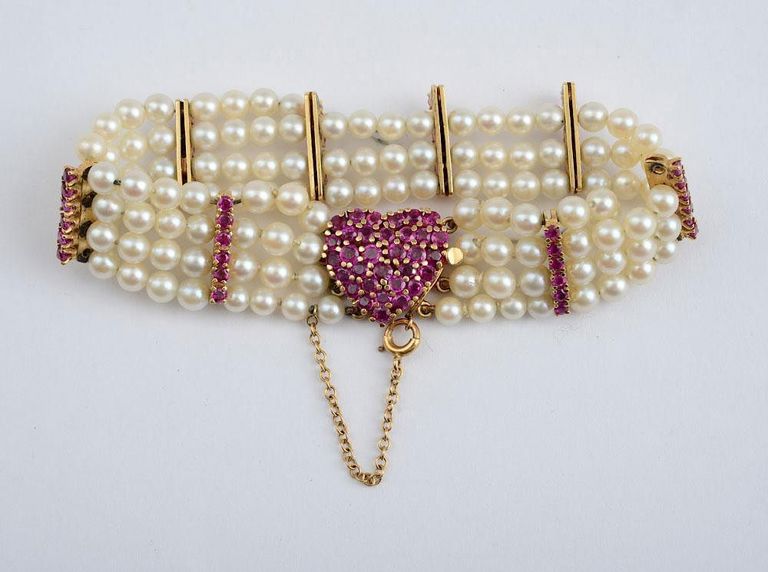 Retro 14k Gold, Cultured Pearl and Ruby Bracelet, Tiffany & Co.
