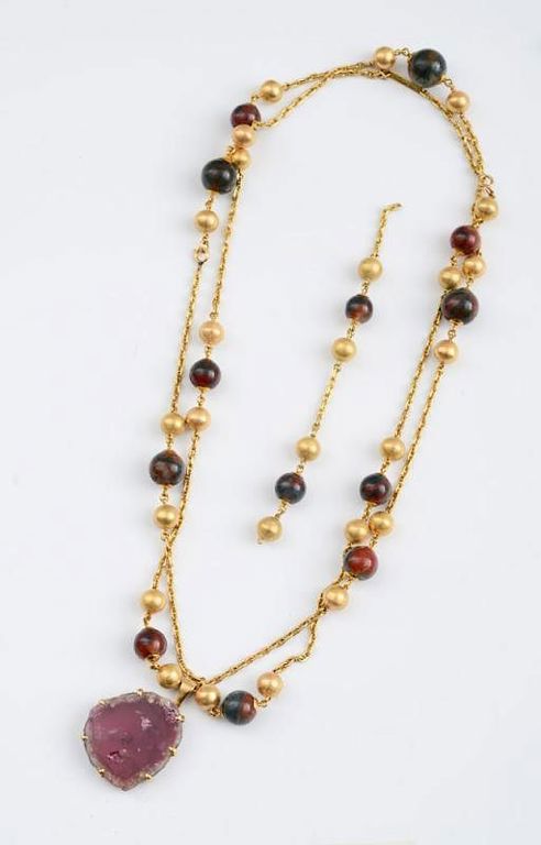 18k Gold and Moss Agate Bead Long Chain, Bulgari