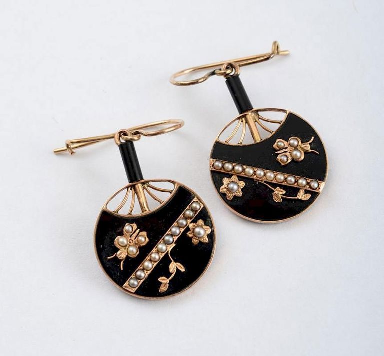 Pair of Victorian Gold and Black Onyx Novelty Earrings