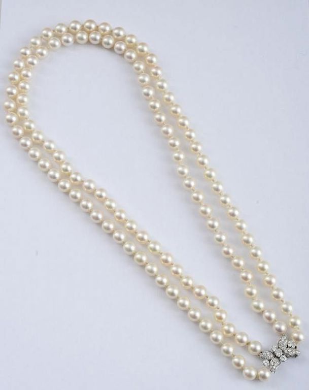 Double Strand Cultured Pearl and Diamond Necklace