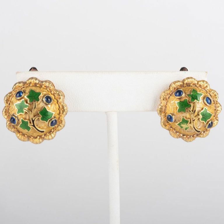 Pair of 18k Gold, Sapphire and Enamel Earrings