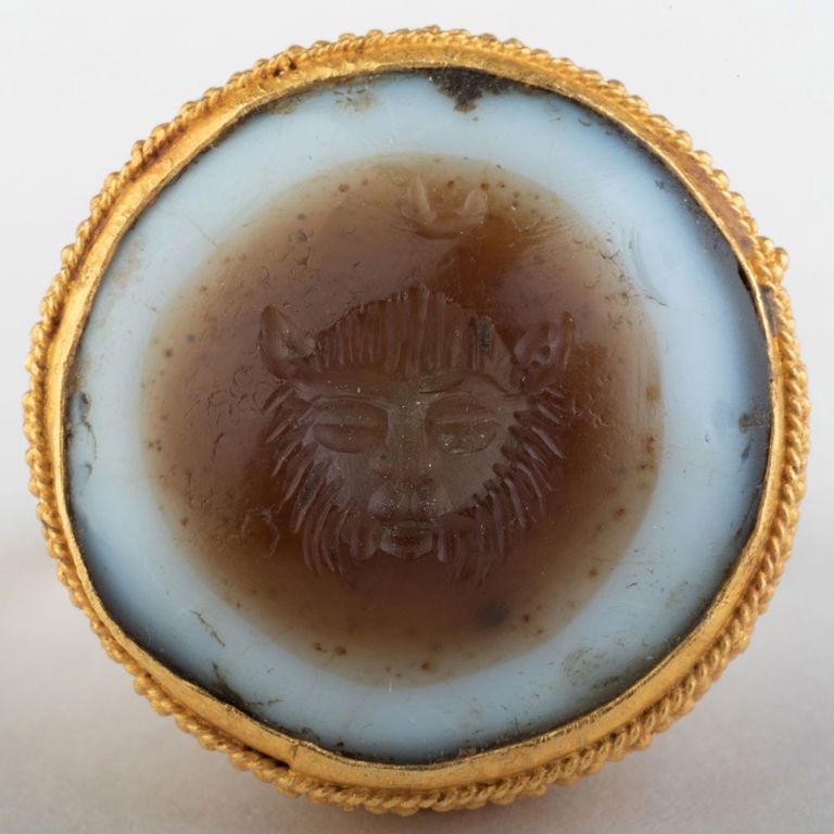 Agate Intaglio of a Feline Set in a Granulated Gold Ring