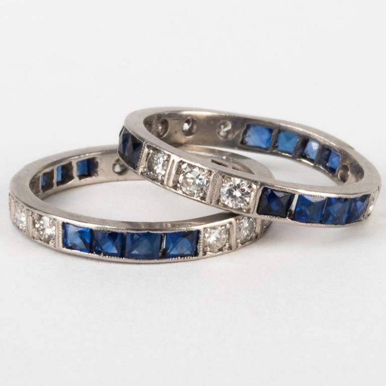 Pair of Platinum, Diamond and Sapphire Band Rings