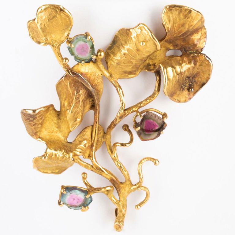 18k Gold and Watermelon Tourmaline Freeform Brooch