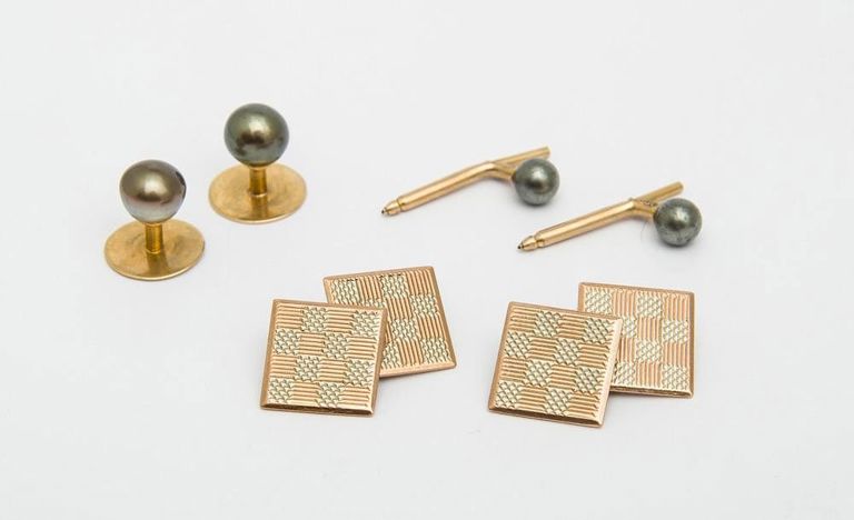 Tiffany & Co. gold-filled pearl studs and 9k gold cufflinks