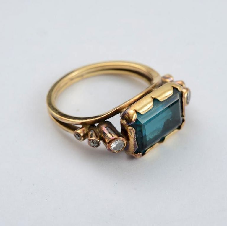 14k Gold, Blue-Green Tourmaline and Diamond Ring