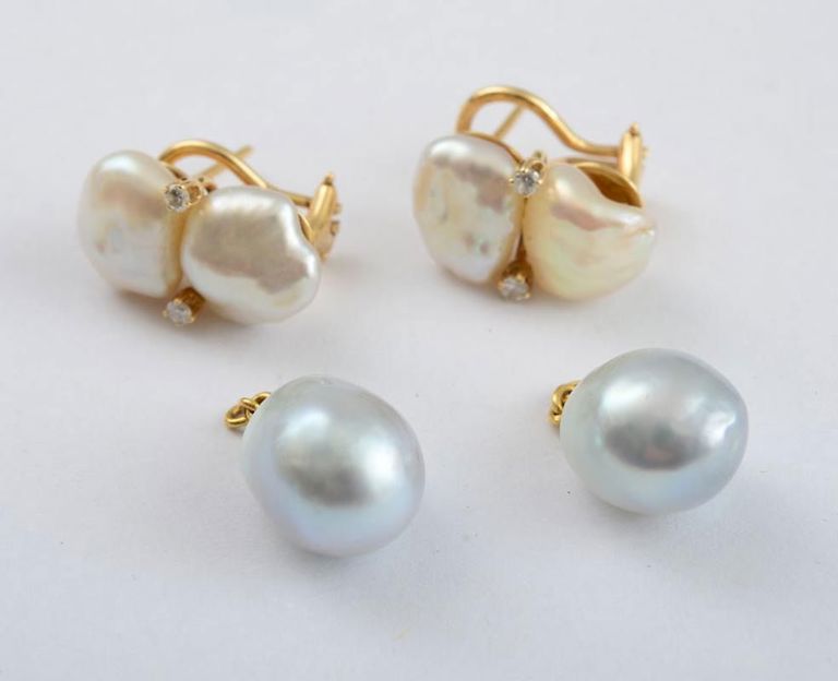 14k gold Keshi pearl and diamond earrings with pearl drops