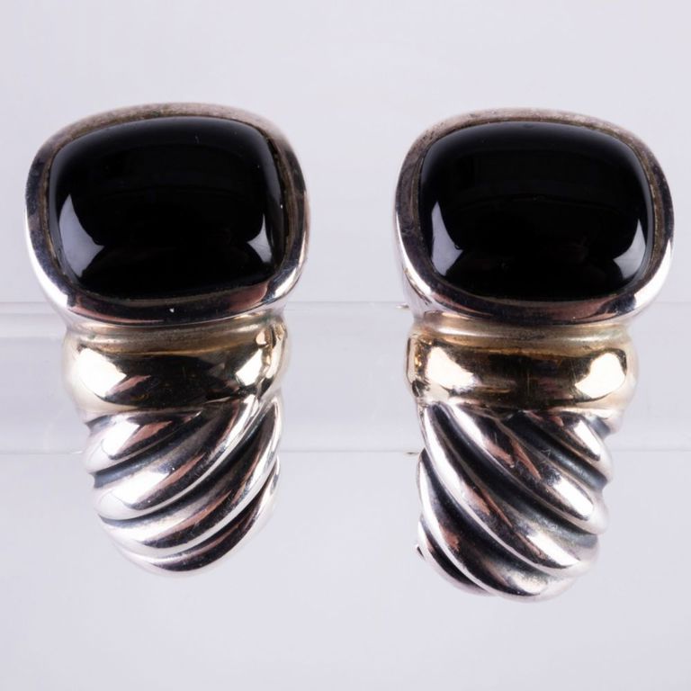 David Yurman Sterling Silver, 14k Gold, and Onyx Earrings