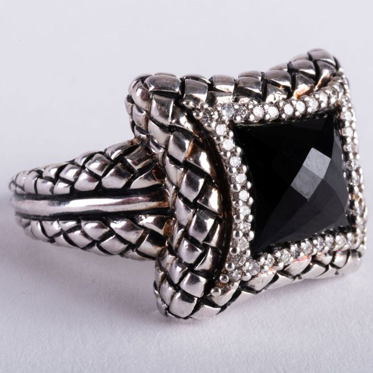 Sk Sterling Silver, Onyx and Diamond Ring
