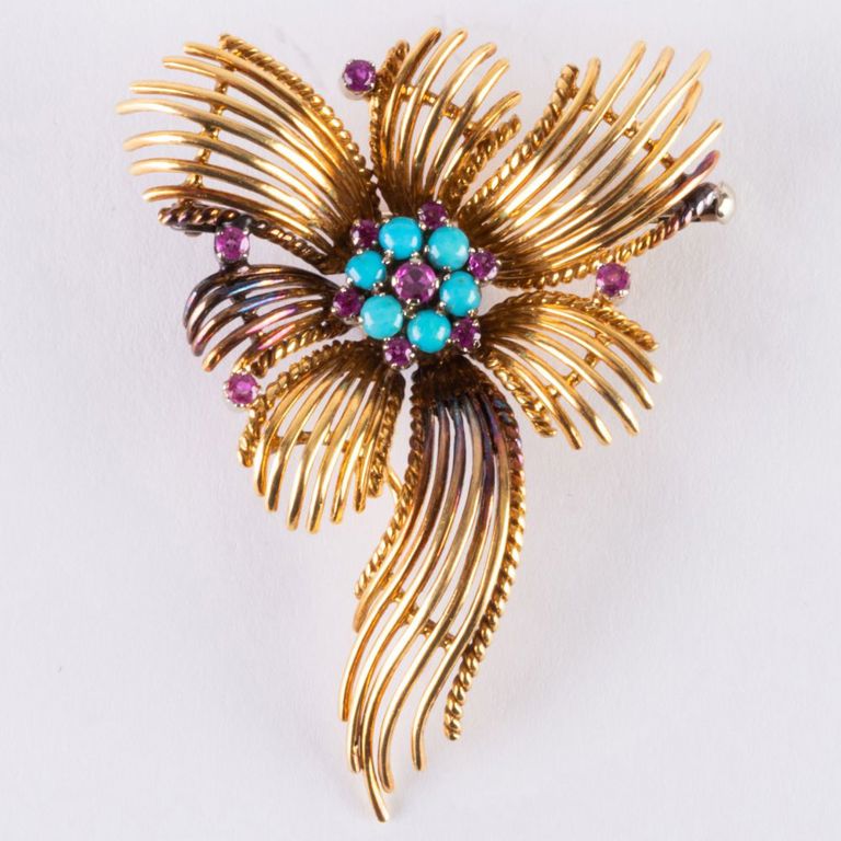 Italian 18k Gold, Ruby, and Turquoise Brooch