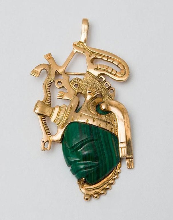 14k Gold and Malachite Brooch