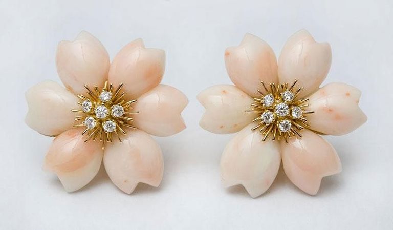 Pair of 18k Gold, Coral and Diamond Flower Earclips