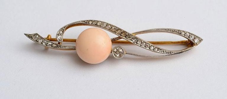 18K Gold, Diamond and Coral Brooch and a Diamond and Coral Necklace